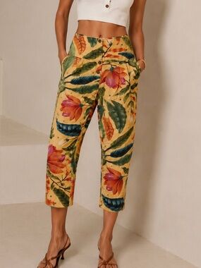 Farm Rio Tropical leaf Floral Pants Small Front Pleat Side Zip Wood Buttons